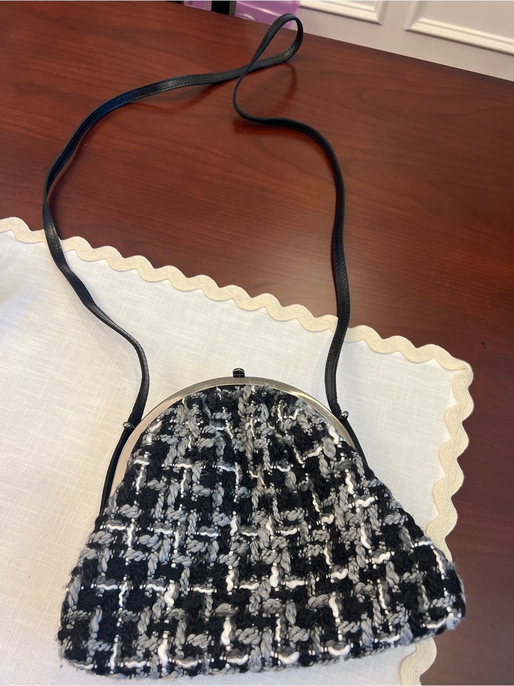 Patricia Nash Black & White Tweed Crossbody Bag with Silver Frame, NWOT